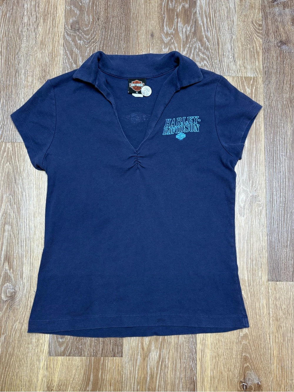 Y2K Harley-Davidson Navy & Teal women’s Polo Shirt